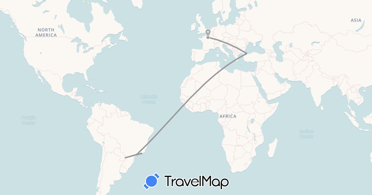 TravelMap itinerary: driving, bus, plane, boat in Brazil, France, Turkey (Asia, Europe, South America)